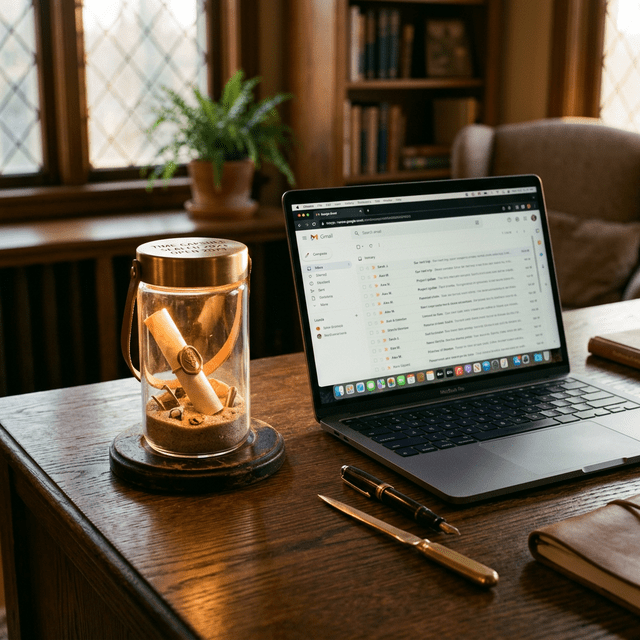 A glowing time capsule sitting next to a laptop showing Gmail — the difference between a scheduled email and a real time capsule