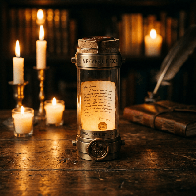 A sealed time capsule with a handwritten letter preserved inside, surrounded by warm candlelight